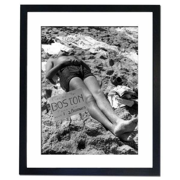 Beach sunbather offering lift to Boston for one or two passengers Framed Print