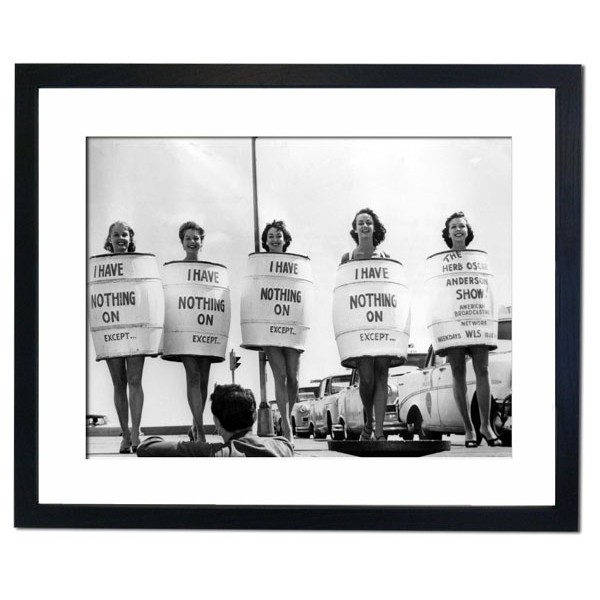 Maintenance man emerges to see 6 beautiful girls wearing barrels to plug a disc jockey show, Chicago Framed Print