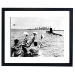 Navy Crew members wave with Manhattan Skyline in the background, 1956 Framed Print