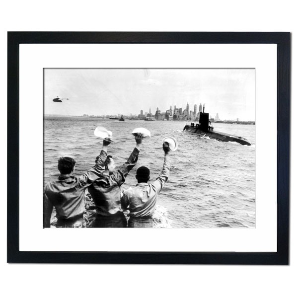 Navy Crew members wave with Manhattan Skyline in the background, 1956 Framed Print